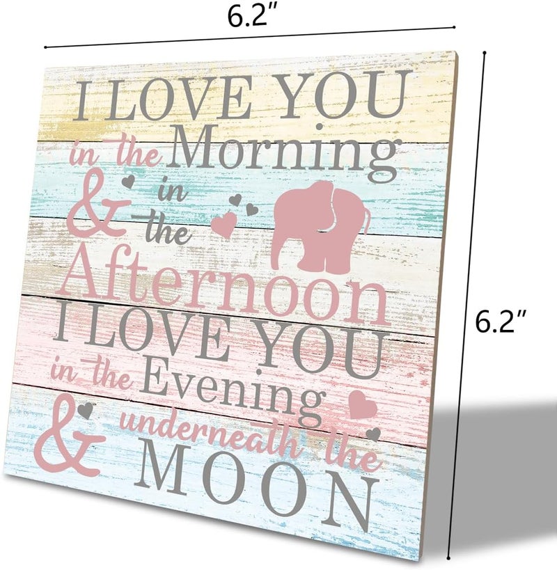 SUSZDOU Love Sign, Wood Plaque Table Art Sign 6.2 * 6.2inch, Elephant Wood Sign for Nursery, Decoration for Baby Girls Room, Daughter's Room Decor, I Love You in the Morning Afternoon Evening & Moon A - Image 2